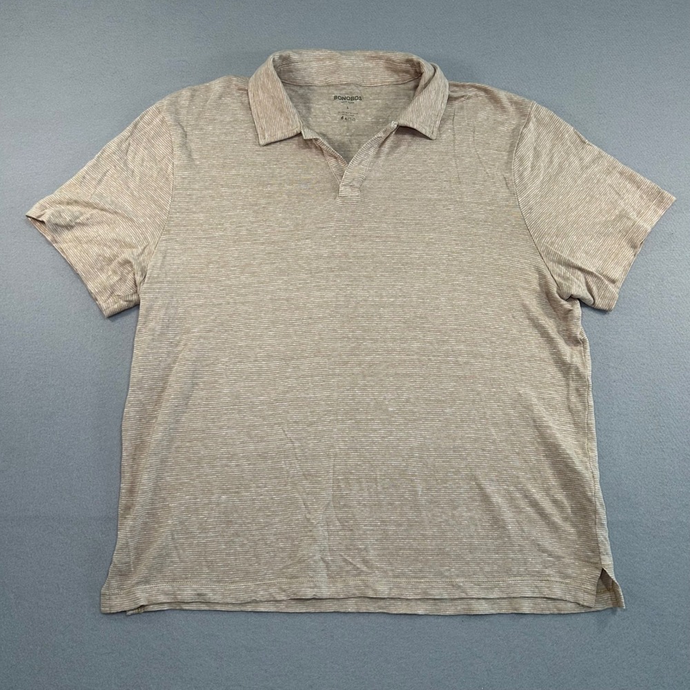 Bonobos Polo Shirt Mens L Tan Striped Linen Short Sleeve V-Neck Johnny Collar